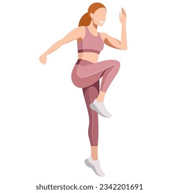 vector realistic image of a slim girl in a sports uniform (leggings and a sports bra) is engaged in fitness, sports, training, isolated on a white background. the girl is engaged in aerobics, jumping.