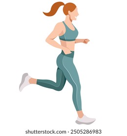 vector realistic image of a slim girl in a sports uniform (leggings and a sports bra) is engaged in fitness, sports, trains isolated on a white background. the woman is running. morning run. jogging.