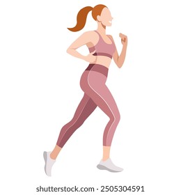 vector realistic image of a slim girl in a sports uniform (leggings and a sports bra) is engaged in fitness, sports, trains isolated on a white background. the woman is running. morning run. jogging.