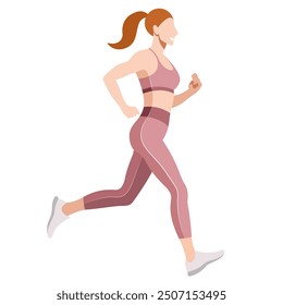 vector realistic image of a slim girl in a sports uniform (leggings and a sports bra) is engaged in fitness, sports, trains isolated on a white background. the woman is running. morning run. jogging.