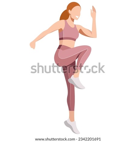 vector realistic image of a slim girl in a sports uniform (leggings and a sports bra) is engaged in fitness, sports, training, isolated on a white background. the girl is engaged in aerobics, jumping.