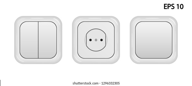 Vector realistic image of a socket and switches, white color, isolated on a white background. EPS 10.