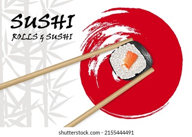 Vector realistic image of sushi with bamboo sticks on the background of bamboo and red circle brushstroke. Restaurant sushi menu background. Sushi advertisement