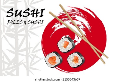 Vector realistic image of sushi with bamboo sticks on the background of bamboo and red circle brushstroke. Restaurant sushi menu background. Sushi advertisement