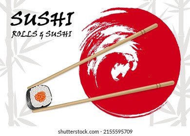 Vektorrealistisches Bild von Sushi mit Bambusstöcken auf dem Hintergrund von Bambus und rotem Kreisbürsten. Restaurant, Sushi-Menühintergrund. Sushi-Werbung