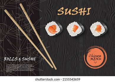 Vector realistic image of sushi on a white plate with bamboo sticks. Restaurant sushi menu background. Sushi advertisement