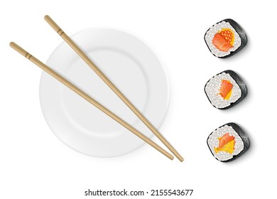 Vector realistic image of sushi with white plate and bamboo sticks. Decorating a sushi restaurant. Sushi advertisement