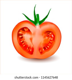 Vector realistic image of a tomato. Half a juicy tomato. Vector illustration for sale of vegetables, food.