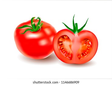 Vector realistic image of a tomato. Half a juicy tomato. Vector illustration for sale of vegetables, food.