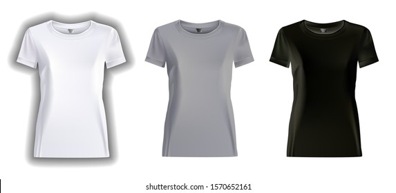 Vector realistic image of t-shirts. Illustration of women's clothing. White, gray, black tight-fitting T-shirts. Isolated image of women's t-shirts.