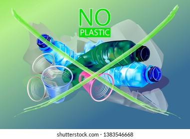 Vector realistic image of used plastic bottles, glasses and bags. Plastic trash.