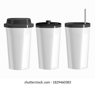 Vector realistic image of utensils for hot drinks. Illustration of options for isolated glasses with lid and straw.