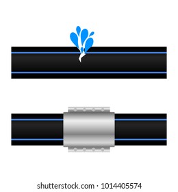 Vector realistic image of water leakage on polyethylene pipes and how to eliminate them using a repair clutch. Isolated vector on a white background.