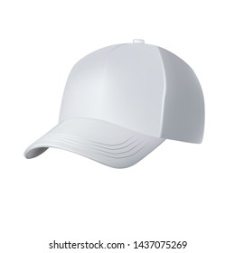 Vector realistic image of a white baseball cap. Baseball cap front view. Baseball cap view from the side.