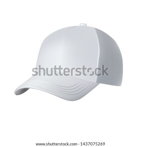 Vector realistic image of a white baseball cap. Baseball cap front view. Baseball cap view from the side.