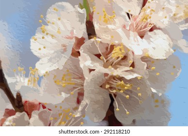 Vector realistic image of white flowers against a blue sky close-up