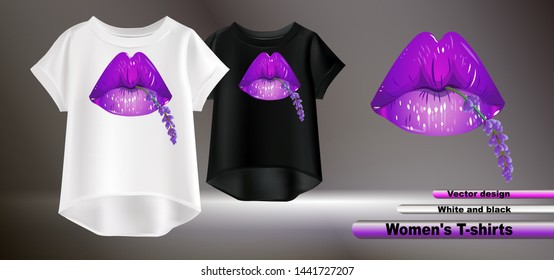 
Vector realistic image of women's t-shirt. Black and white t-shirts. Fashion print on t-shirt.Drawing female lips and lavender flower.