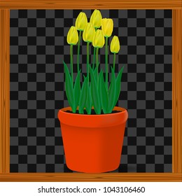 Vector, realistic image of yellow flowers tulips in a pot on a transparent background in a wooden frame