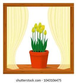 Vector, realistic image of yellow flowers of tulips in a pot in the window on the window sill