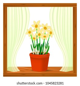 Vector, realistic image of yellow flowers daffodil in a pot in the window on the window sill