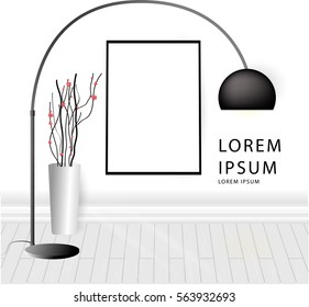 Vector realistic interior design illustration background. Mock up in classic style, floor lamp, decorative branches with berries in vase, blank poster hanging on the wall