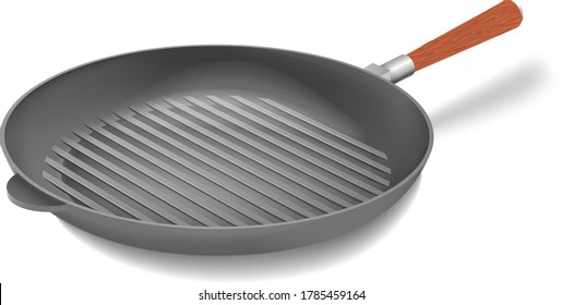 Vector realistic iron grill frying pan with handle illustration
