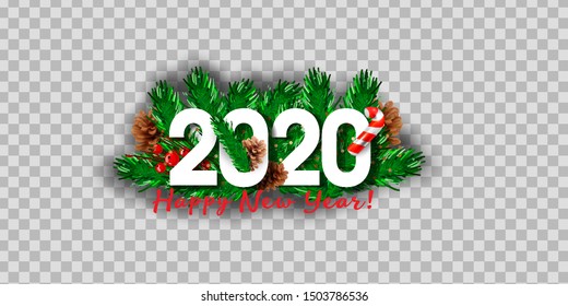 Vector realistic isolated 2020 logo with Christmas tree branches for template decoration and layout covering on the transparent background. Concept of Happy New Year and Merry Christmas.