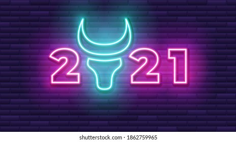 Vector realistic isolated 2021 Neon Text. 2021 New Year Design template for decoration and covering. Happy New 2021 Year sign in neon design on brick wall background. Light Banner. Vector Illustration
