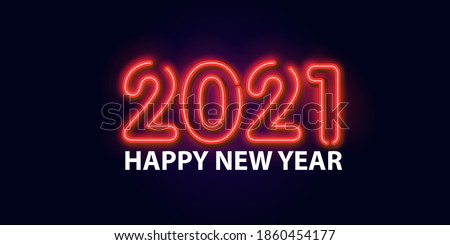 Vector realistic isolated 2021 red Neon Text. 2021 New Year Design template for decoration and covering. Happy New 2021 Year sign in neon design on brick wall background. Light Banner. 