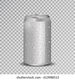 Vector realistic isolated aluminum soda can with water drops on the transparent background.