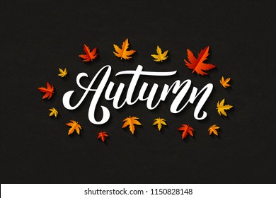 Vector realistic isolated Autumn typography logo with red and orange maple and oak leaves for decoration and covering on the dark background. Concept of Happy Autumn.