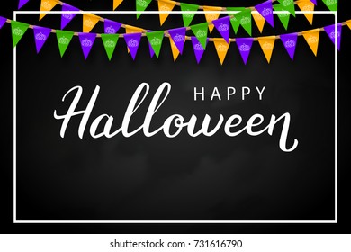 Vector realistic isolated background poster for Happy Halloween with lettering and party flags for decoration and covering.