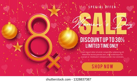 Vector realistic isolated banner, greeting card for Womens Day holiday for decoration and background. Concept of Happy Women's Day. - Vector