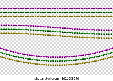 Vector realistic isolated beads for Mardi Gras for template decoration and covering on the transparent background. Concept of Happy Mardi Gras.