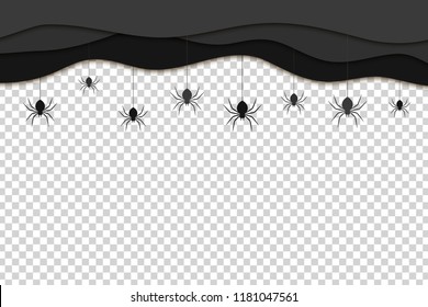 Vector realistic isolated black paper cut layers with hanging spiders for decoration and covering on the transparent background. Creepy background for Halloween.