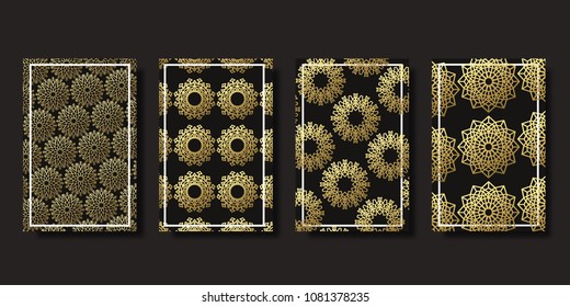 Vector realistic isolated brochures for Ramadan kareem with ornamental pattern for decoration and covering on the dark background. Concept of Happy Ramadan Kareem celebration.