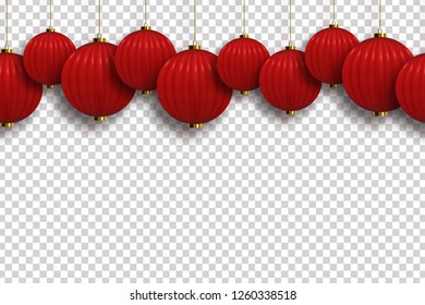 Vector realistic isolated Chinese Lantern seamless pattern border for template decoration and covering on the transparent background. Concept of Happy Chinese New Year.