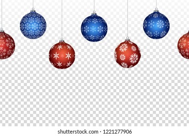 Vector realistic isolated Christmas balls seamless pattern for website decoration and template covering on the transparent background. Concept of Merry Christmas and Happy New Year.