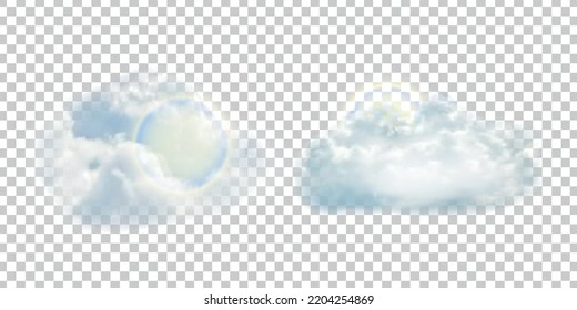 Nube aislada vectorial realista con Sol para la decoración de plantillas y cubriendo el fondo transparente.