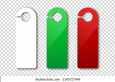 Vector realistic isolated door hanger sign for decoration and covering on the transparent background. Concept of advertising mockup.