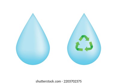 Logotipo de gota aislada vectorial realista para reciclar el concepto de agua en el fondo blanco.