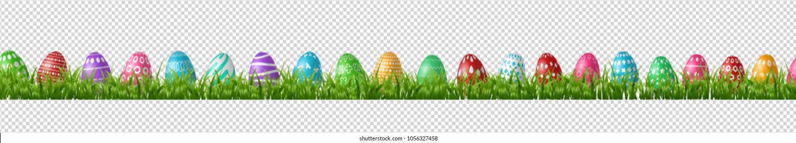 Vector realistic isolated easter eggs in grass borders for decoration and covering on the transparent background. Concept of Happy Easter.