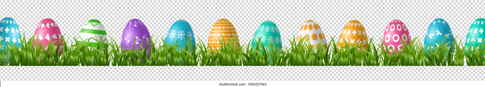 Vector realistic isolated easter eggs in grass borders for decoration and covering on the transparent background. Concept of Happy Easter.