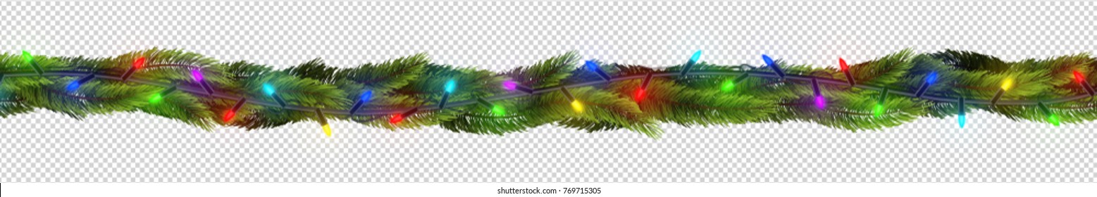 Vector Realistic Isolated Fir Tree Border With Fairy Lights For Decoration And Covering On The Transparent Background. Concept Of Merry Christmas And Happy New Year.