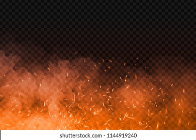 Vector realistic isolated fire effect with smoke for decoration and covering on the transparent background. Concept of sparkles, flame and light.