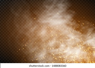 Vector realistic isolated fire effect with smoke for template decoration and mockup covering on the transparent background. Concept of sparkles, flame and light.