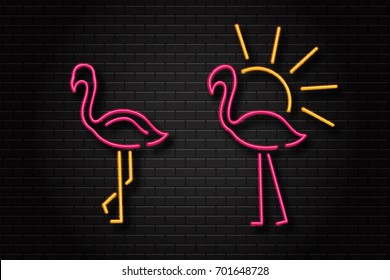 Vector realistic isolated flamingo retro neon signs for decoration and covering on the wall background