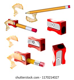 Vector realistic, isolated, flat set. Pencil with sharpener. Stationery