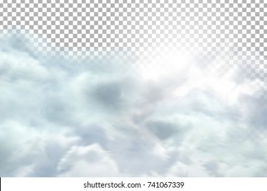 Vector realistic isolated fluffy clouds sky with bright sun for decoration and covering on the transparent background.