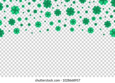 Vector realistic isolated four-leaf clover confetti  for decoration and covering on the transparent background. Concept of Happy Saint Patrick's Day.